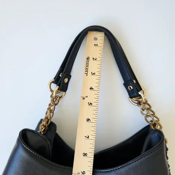 Bebe Black Faux Leather Bag Purse Large Gold Chains Glam Edgy Maximalism Loud - Picture 16 of 16